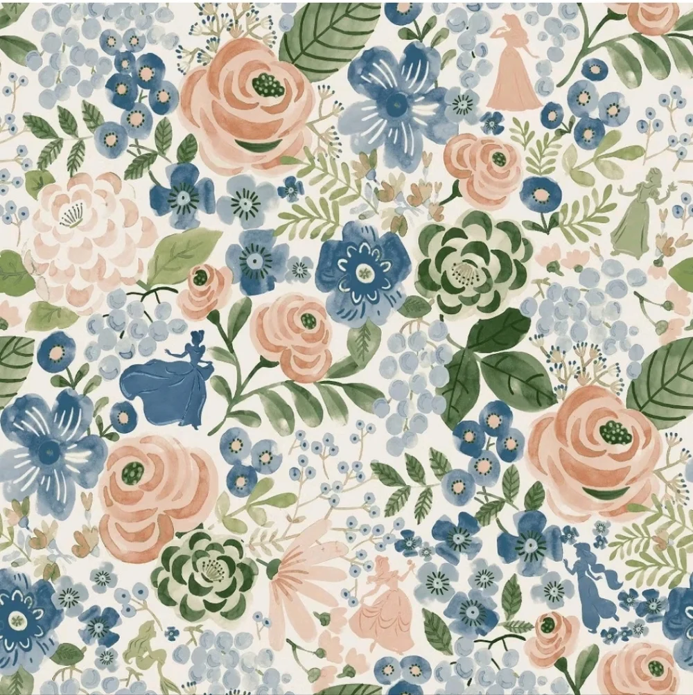 Disney Princess Watercolor Floral Kids' Peel and Stick Wallpaper Blue